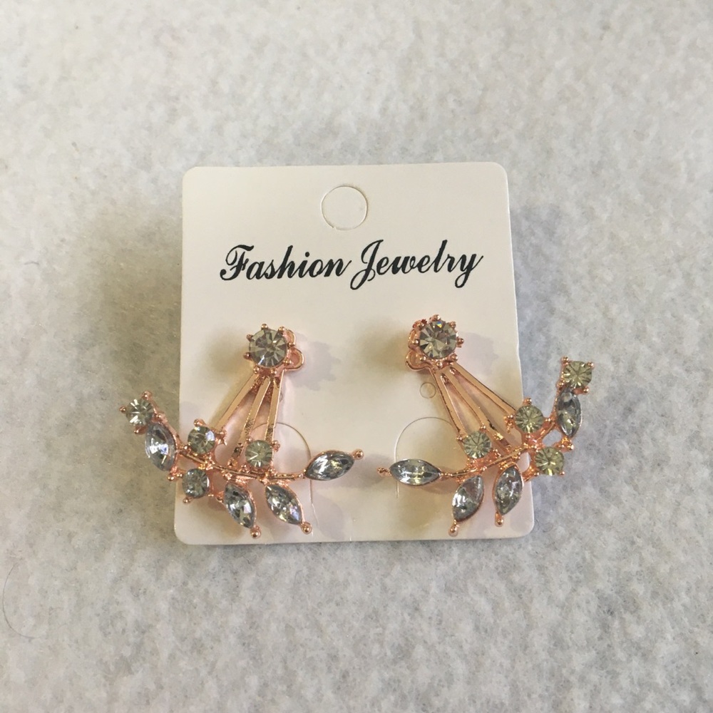 Rose Gold Leaf Ear Jacket Earrings - Picture 2 of 5